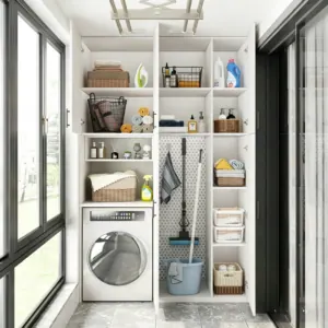 Modern Minimalist Space Aluminum Balcony Cabinet, Custom Integrated Combo Cabinet for Washer & Dryer, Sun Protection Design, Factory Direct
