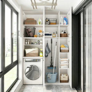 Modern Minimalist Space Aluminum Balcony Cabinet, Custom Integrated Combo Cabinet for Washer & Dryer, Sun Protection Design, Factory Direct
