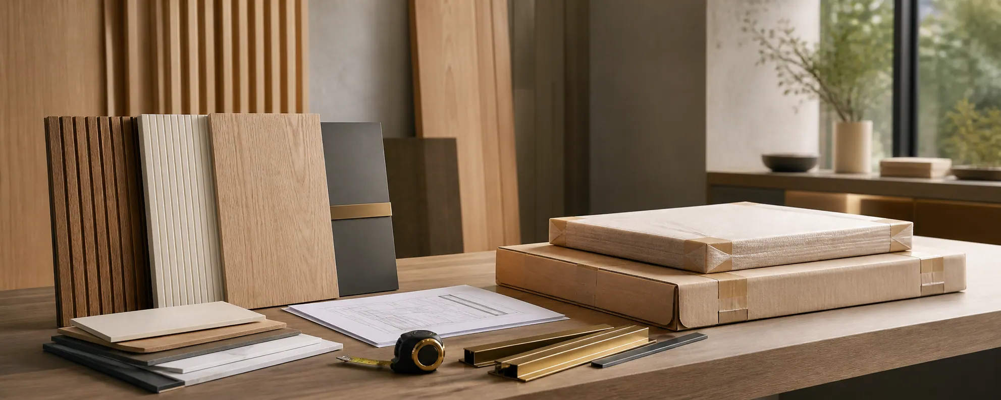 Custom wall panel and wardrobe materials prepared with technical drawings and protective packaging